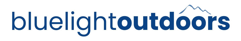 Blue Light Outdoors logo which shows the text 'bluelightoutdoors' with an outline of a mountain above the text