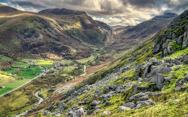 Sunrise light over the peaks around Snowdon in Eryri National Park